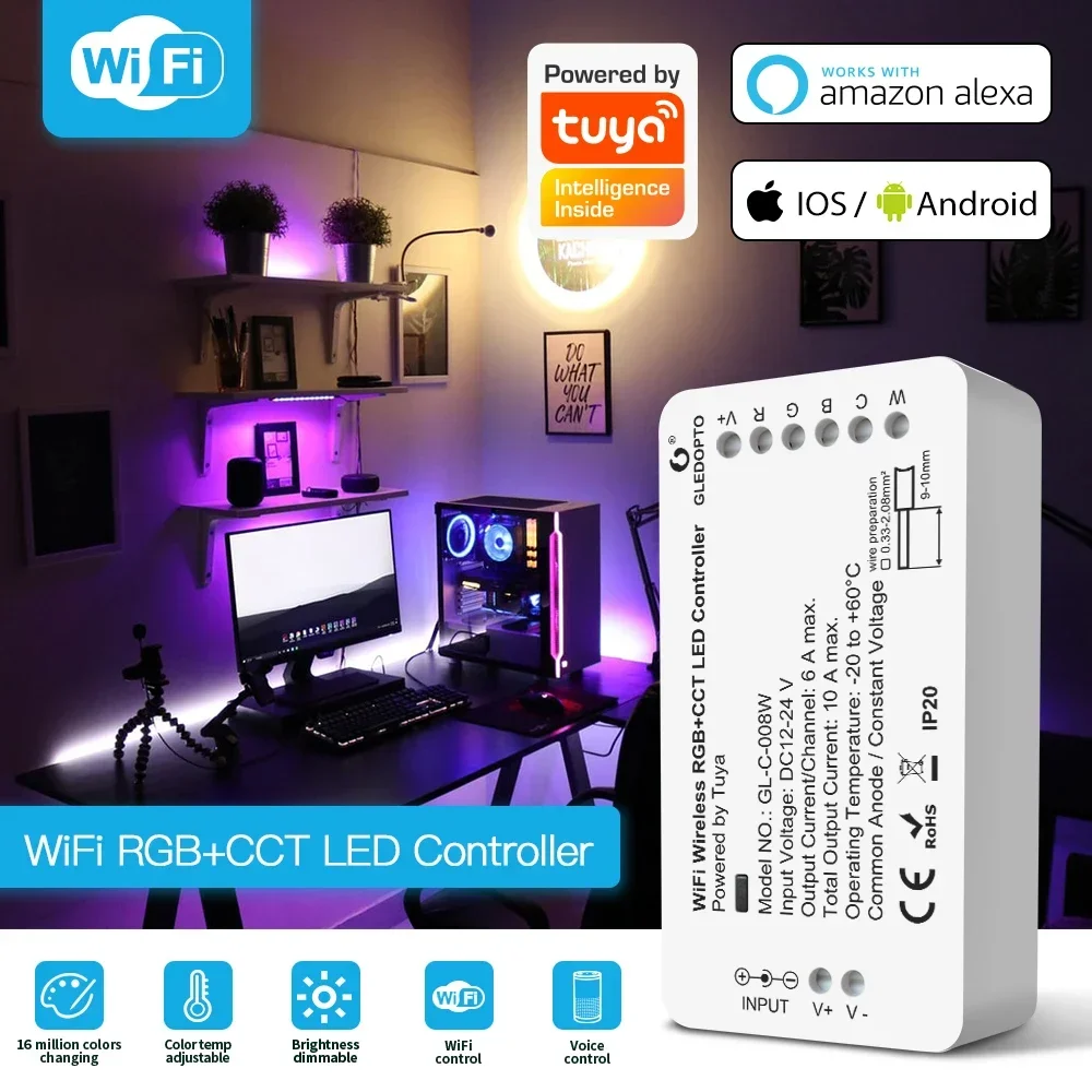 Gledopto Yandex Alice WiFi LED Contrôleur RGBCCT DC12-24V Tuya Smart Life App Commande Vocale Chaud Froid Blanc Dimmable Bande Lumineuse