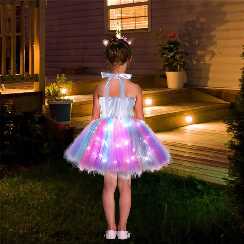 Christmas Girls Unicorn Mermaid Costume with LED Light Tutu Dress with Wings Kids Ballet Ball Cosplay for Birthday Party