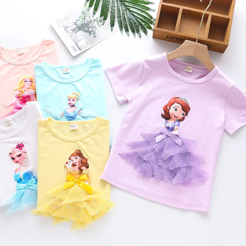 

2024 Kids Clothes Summer New Fashion Girls 3D Disney Princess Short sleeve T-shirt Children's Round Neck Cotton Tee Costume Tops