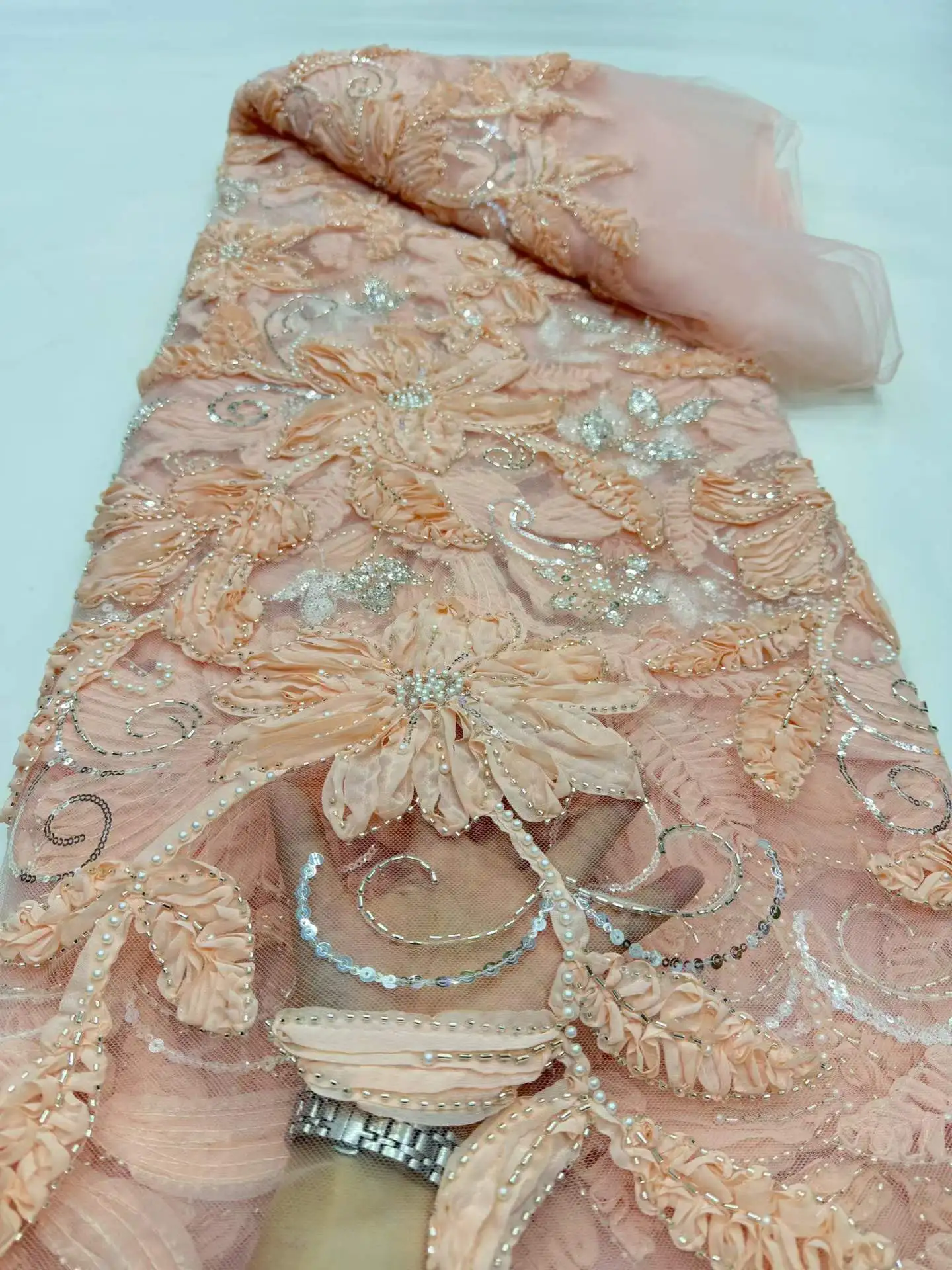 

SJ Lace Luxury African Sequins Beaded Lace Fabric 2026 High Quality Lace 5 Yards 3D Lace French Lace Fabric Nigerian Lace Fabric