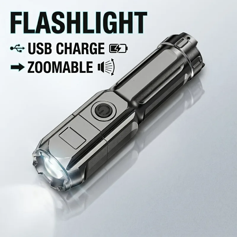 Powerful LED Flashlight USB Rechargeable Torch Portable Zoomable Camping Light 3 Lighting Modes For Outdoor Hiking Emergency
