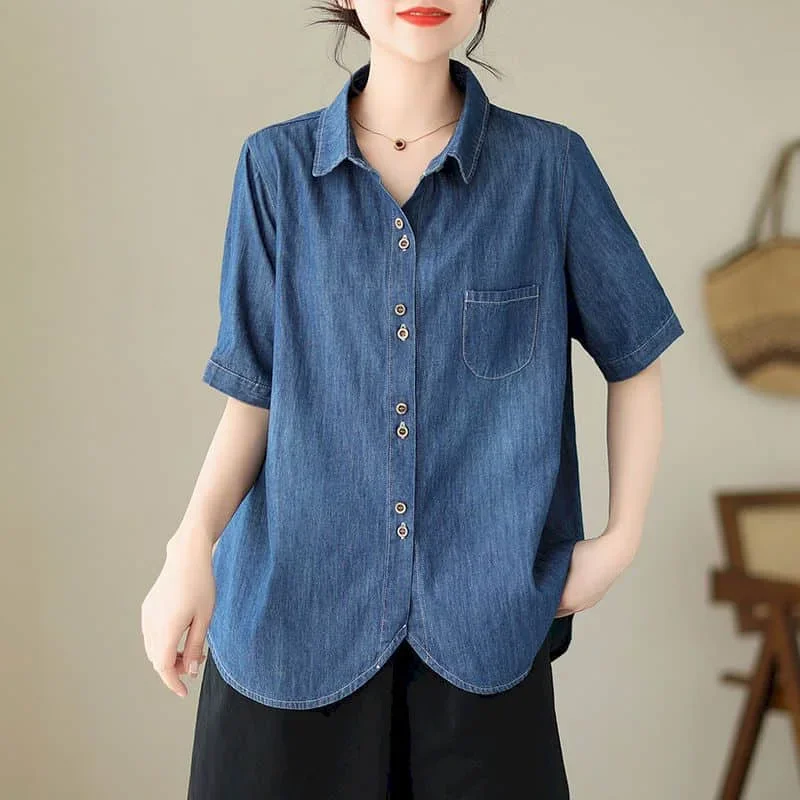 

Denim Shirts for Women Vintage Half Sleeve Solid Cardigans Polo-neck Casual Single Breasted Korean Fashion One-piece Women Tops