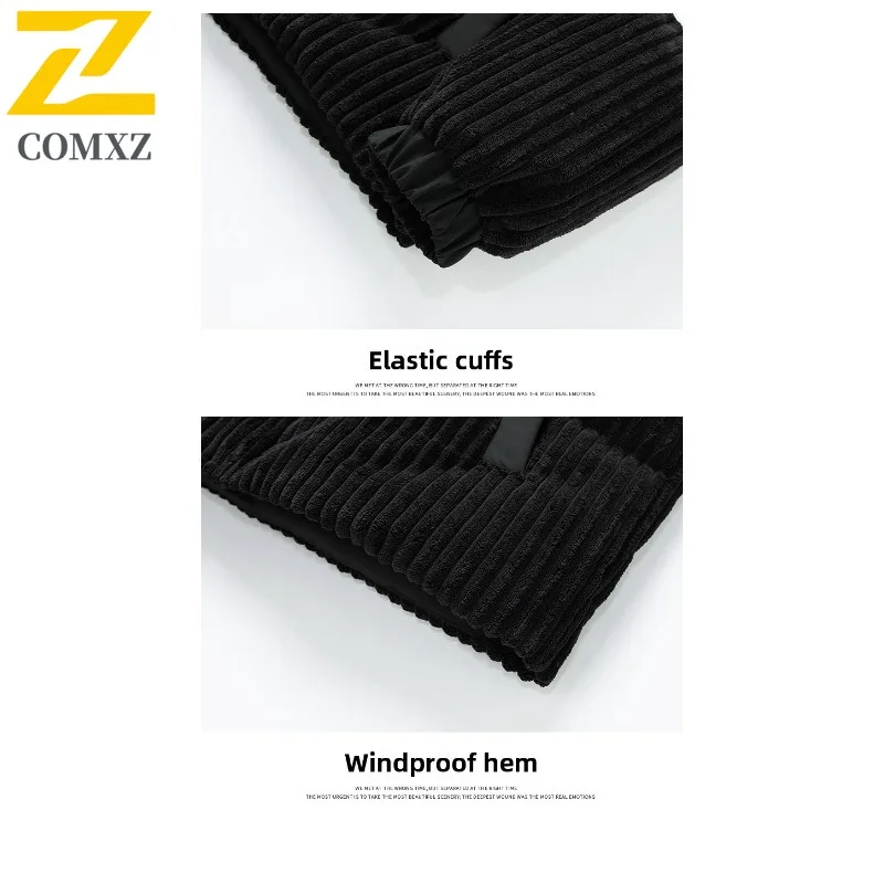 COMXZ Men Parker Coat Warm Lightweight Stand Collar Corduroy Down Jacket Ski Travel Windproof Slim Snow Cotton Padded Jacket