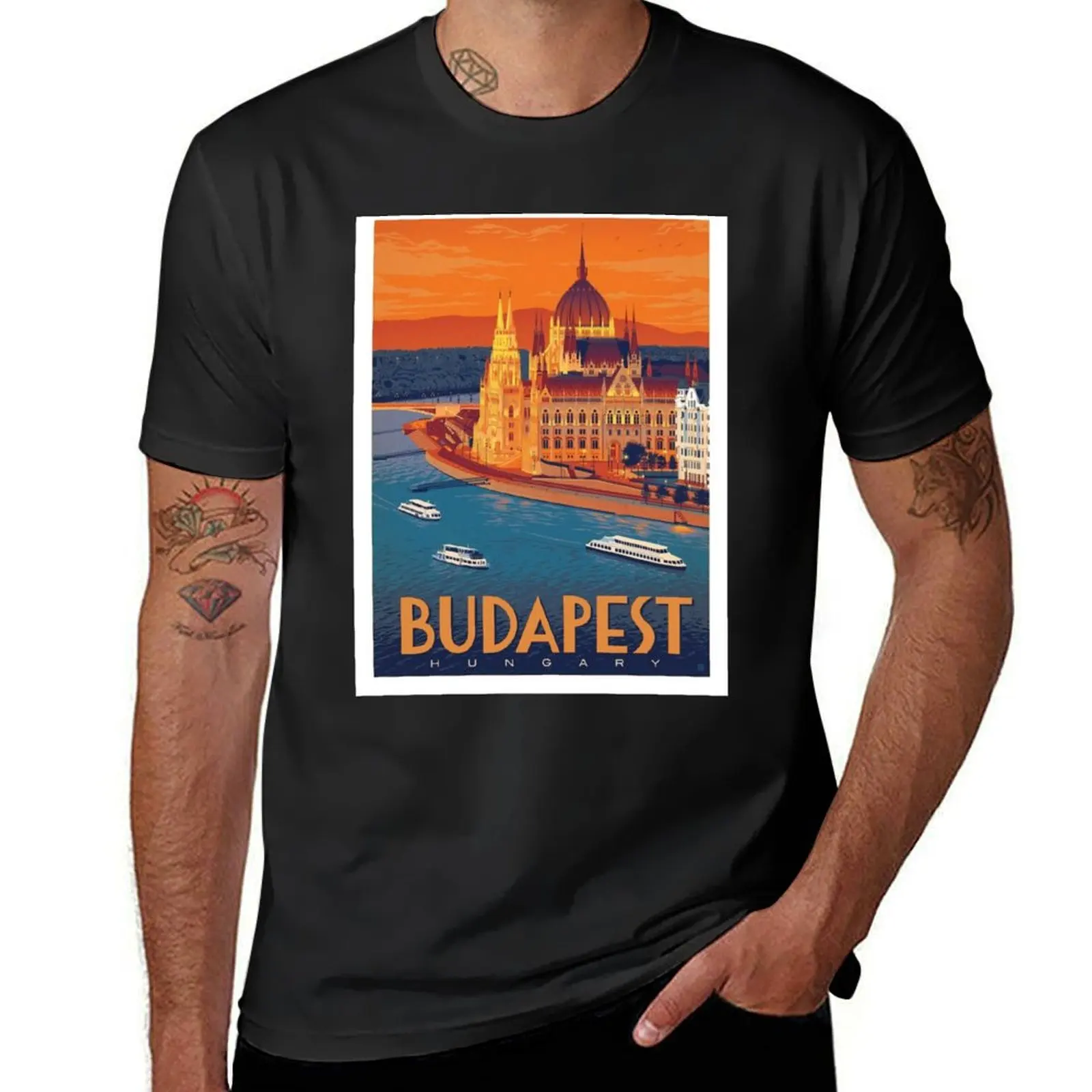 

BUDAPEST HUNGARY : Vintage Stockholm Travel Advertising Print T-Shirt animal prinfor boys summer top quick drying T-shirt men