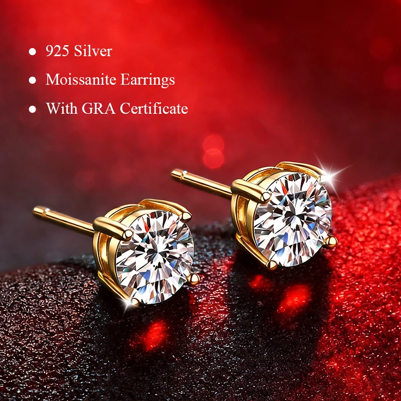 0.1ct-2ct Certified GRA Moissanite D Color Stud Earrings Lab Created Diamond 925 Sterling Silver Gold Plated Wedding Jewelry