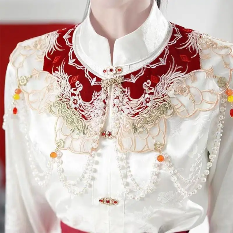 B95F Lace Collar for Women False Collar Shoulder Wrap Traditional Chinese Hanfu Yunjian Tassels Decorative Collar
