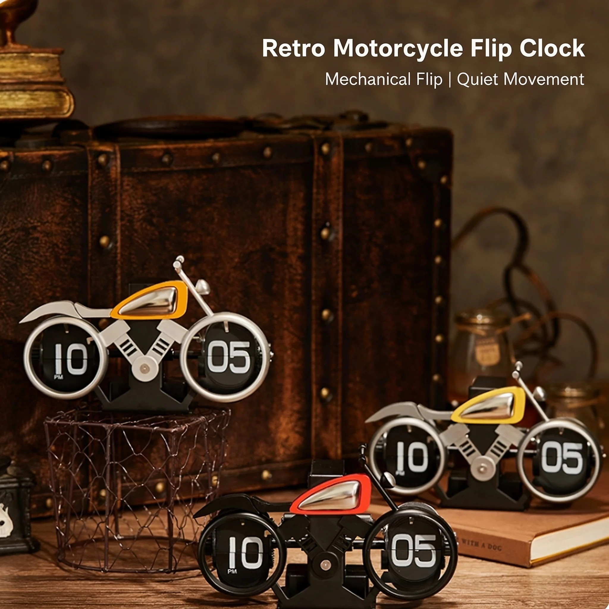 Retro Motorcycle Flip Clock, 10 Inch Vintage Motorbike Auto Flip Desk Clock, Mechanical Table Clock for Home Office Decor