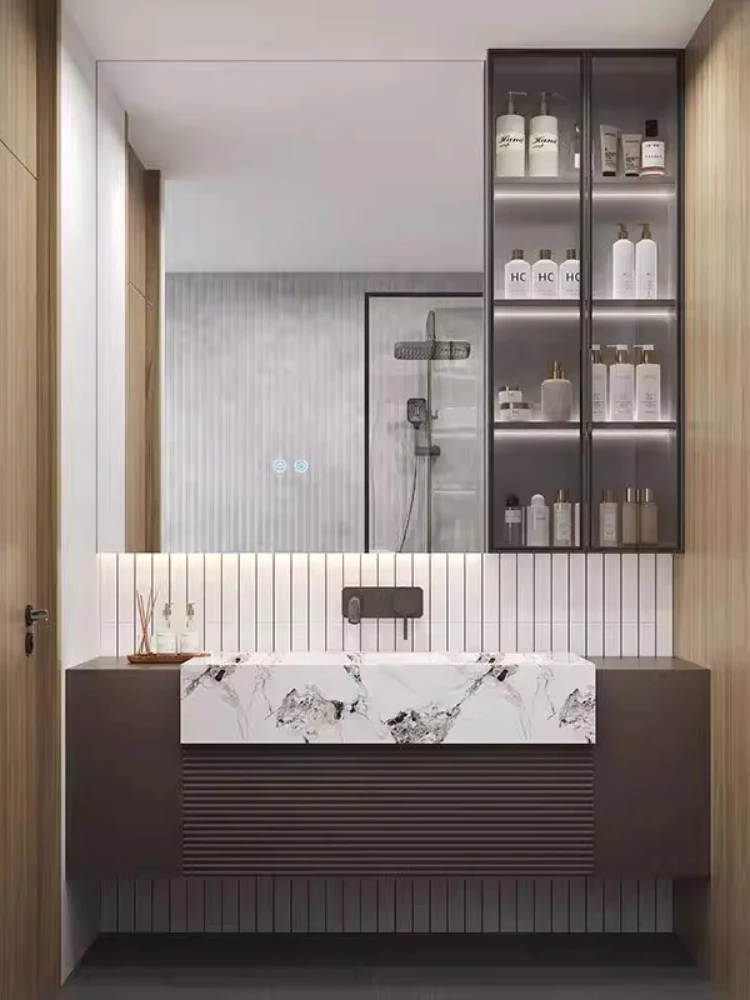 

Тумба для ванной из массива дерева Hotel Wind с интегрированной бесшовной раковиной из каменной плиты, комбинированный шкаф-тумба для ванной с раковиной