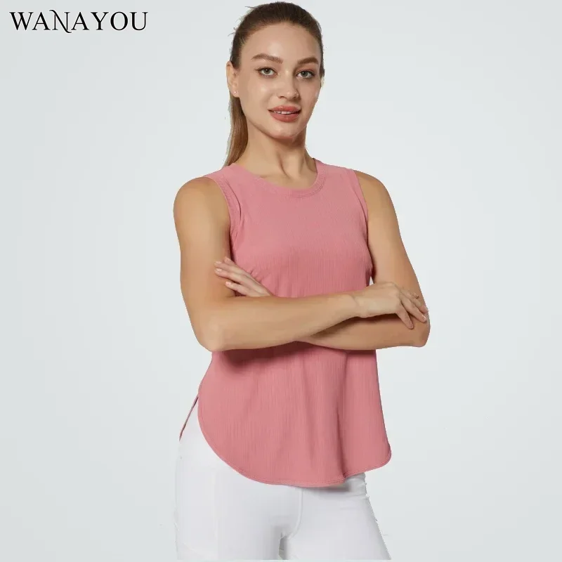 WANAYOU Women's Sexy Round Neck Yoga Shirt Sleeveless Sports Vest Gym Fitness Crop Top Breathable Running Exercise Shirt