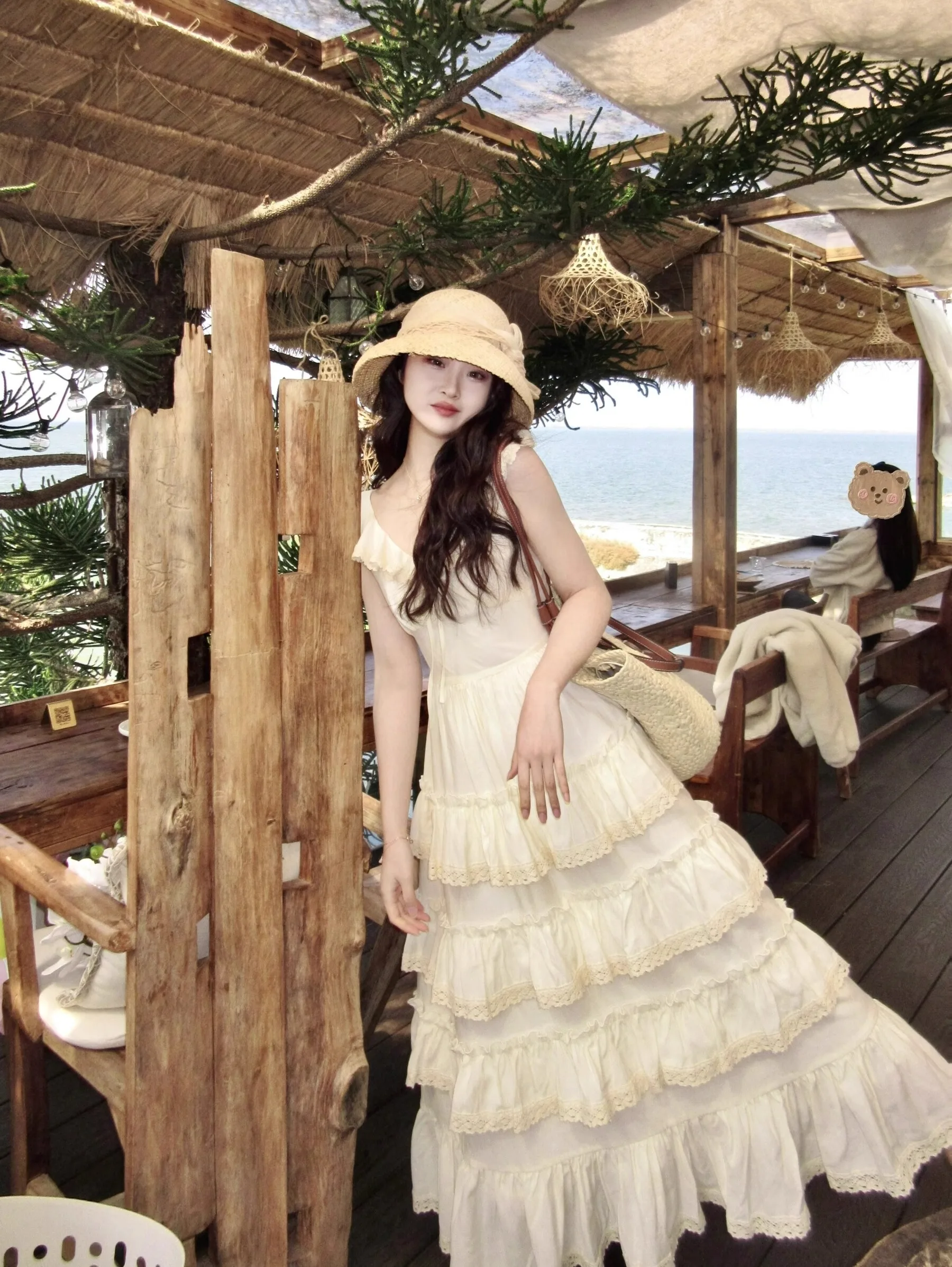 

Ele Beach Vaion Long Dr Women's Summer 2025 Waist-Cinching Slimming Gown Princ Sle V-ne Cake Skirt