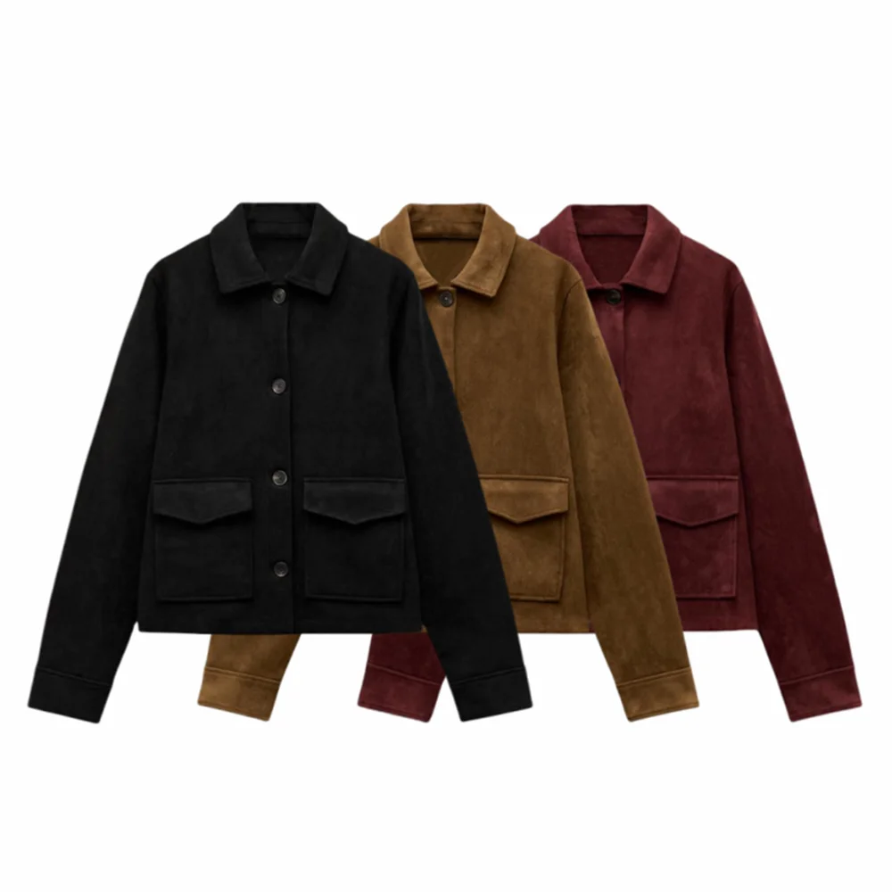 Women's Suede Textured Lapel Jacket 2025 TRAF Spring Collection Long Sleeve Short Coat with Pocket Decoration