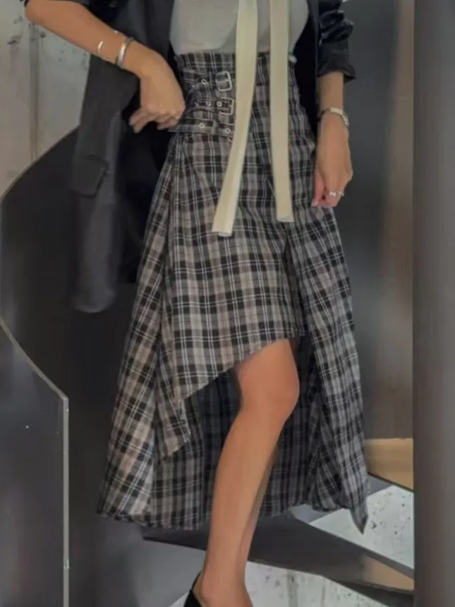 

Korean Sle High Waist Asymmetrical Hem A-Line Skirt Women's Autumn Season Subtle Faionable Cheered Skirt