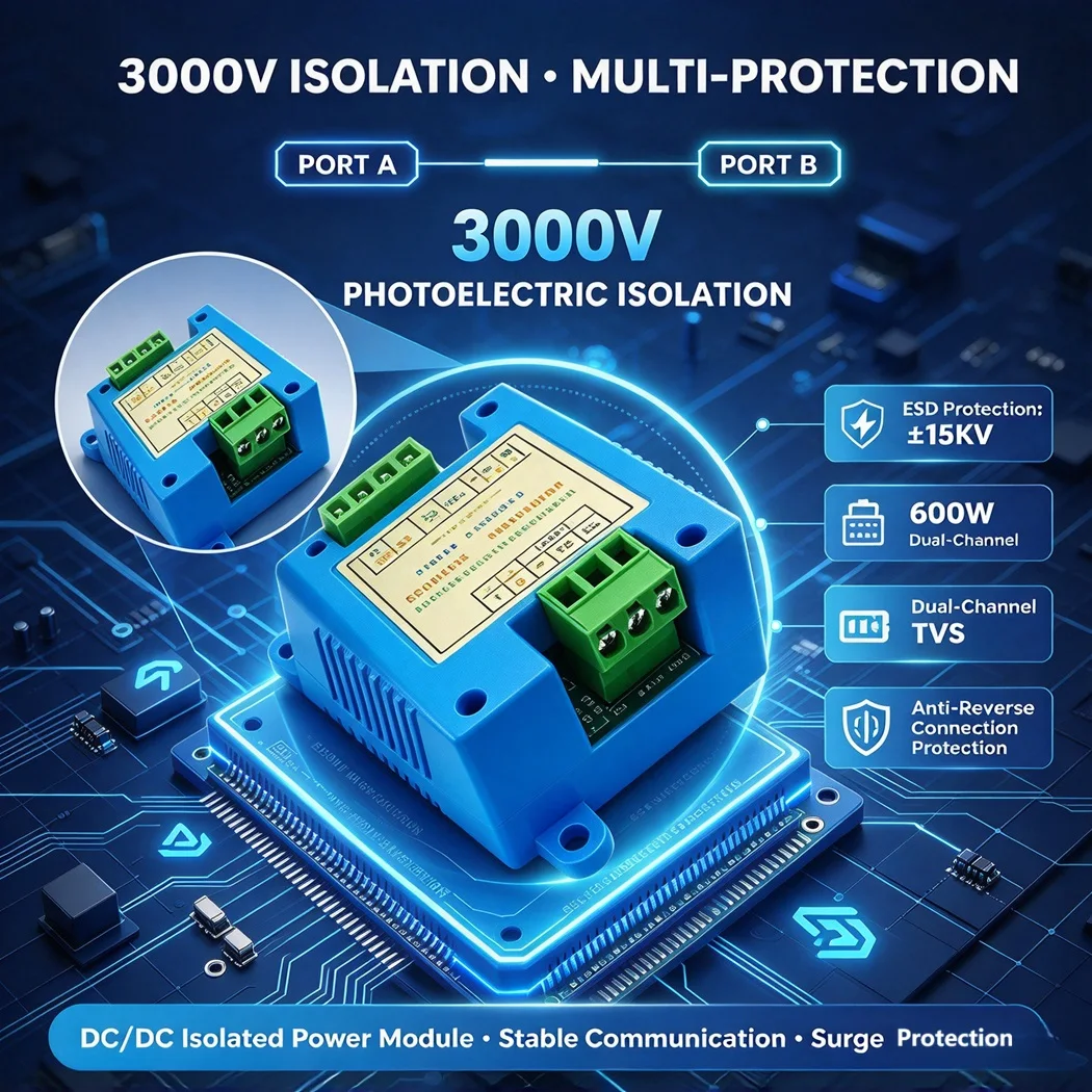 Industrial Photoelectric Isolated RS485 Module DIN Rail 8-25VDC 3000V Isolation 1500m 128 Nodes Auto Baudrate ESD TVS Protection