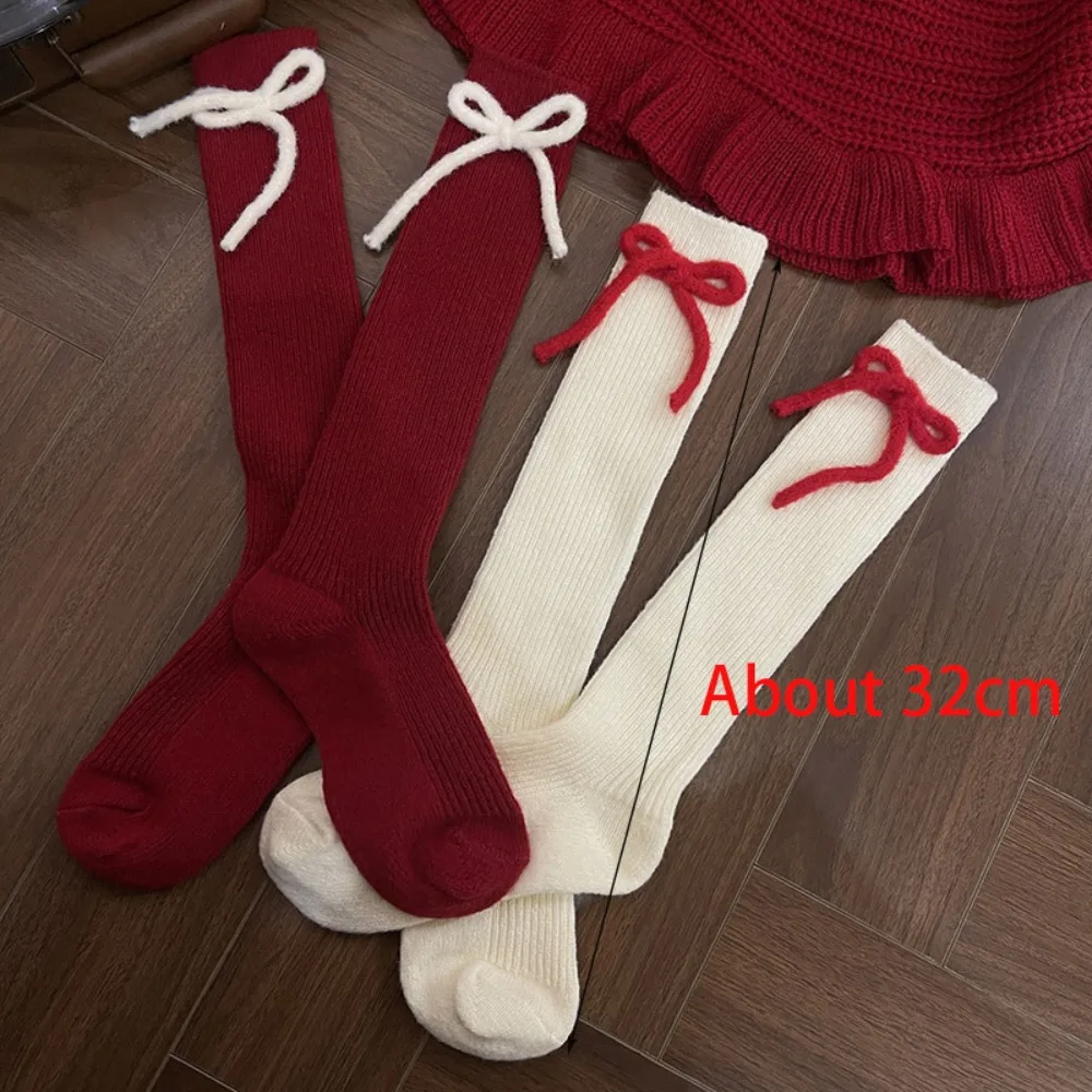 Breathable Winter Compression Stocking Casual Bowknot Female Hosiery Cashmere Sweat-absorbing Bow Middle Tube Socks