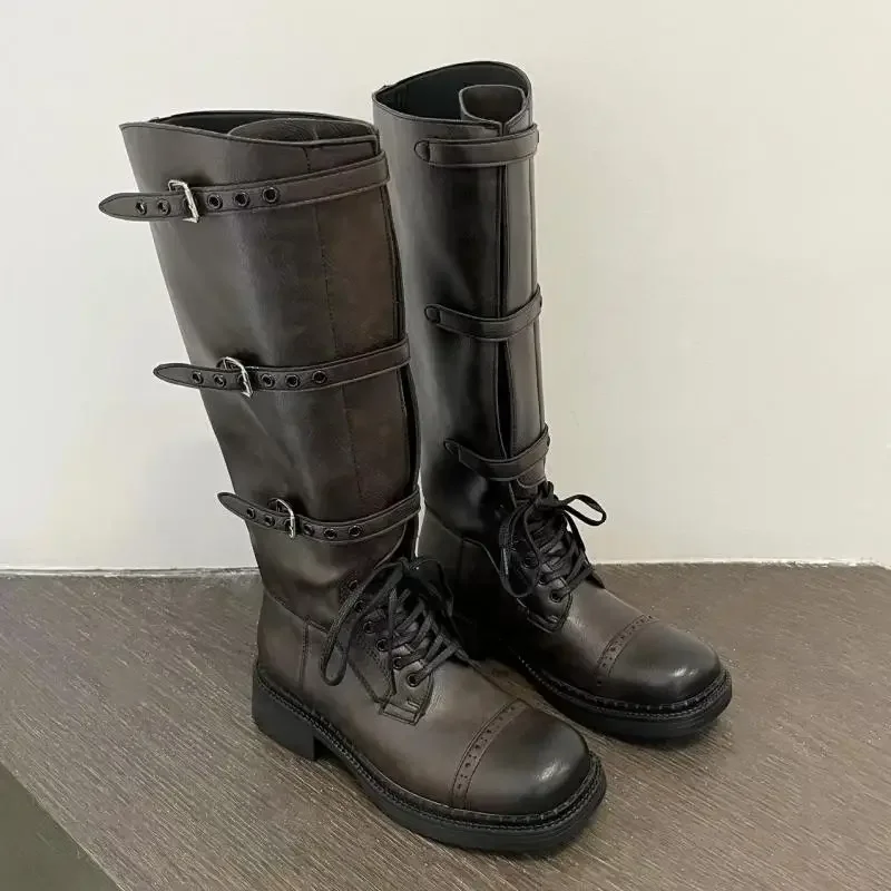 

Cowhide Version Retro Boots Women's 2024 Catwalk New Models Polished And Old Soft Leather Straps Knight Boots Locomotive Boots