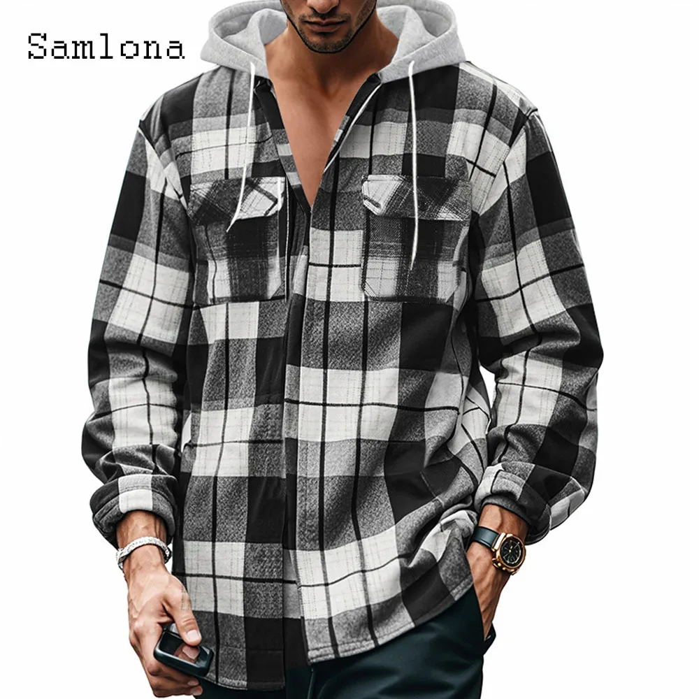 Men's Stand Pocket Casual Hooded Shirts Clothing 2024 Single Breasted Top Soft Plaid Blouse Men Long Sleeve Fashion Shirt blusas