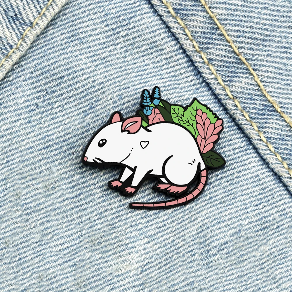 Pretty White Rat Animal Brooch Cartoon Plant Lavender Flower Mouse Enamel Badge Bag Lapel Pins Denim Shirt Jewelry Gift for Kids