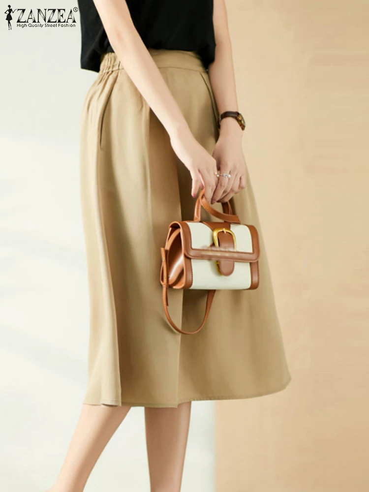 

ZANZEA High Waist Pleated Jupes Everyday 2024 Summer Women Commute A-line Faldas Mujer Elegant Casual Solid Color Midi Skirts