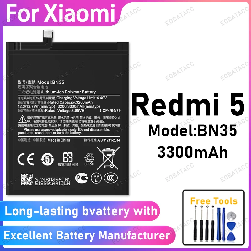

100% New 3300mAh BN35 Battery For Xiaomi Redmi 5 Battery Replacement Bateria+Free Tools