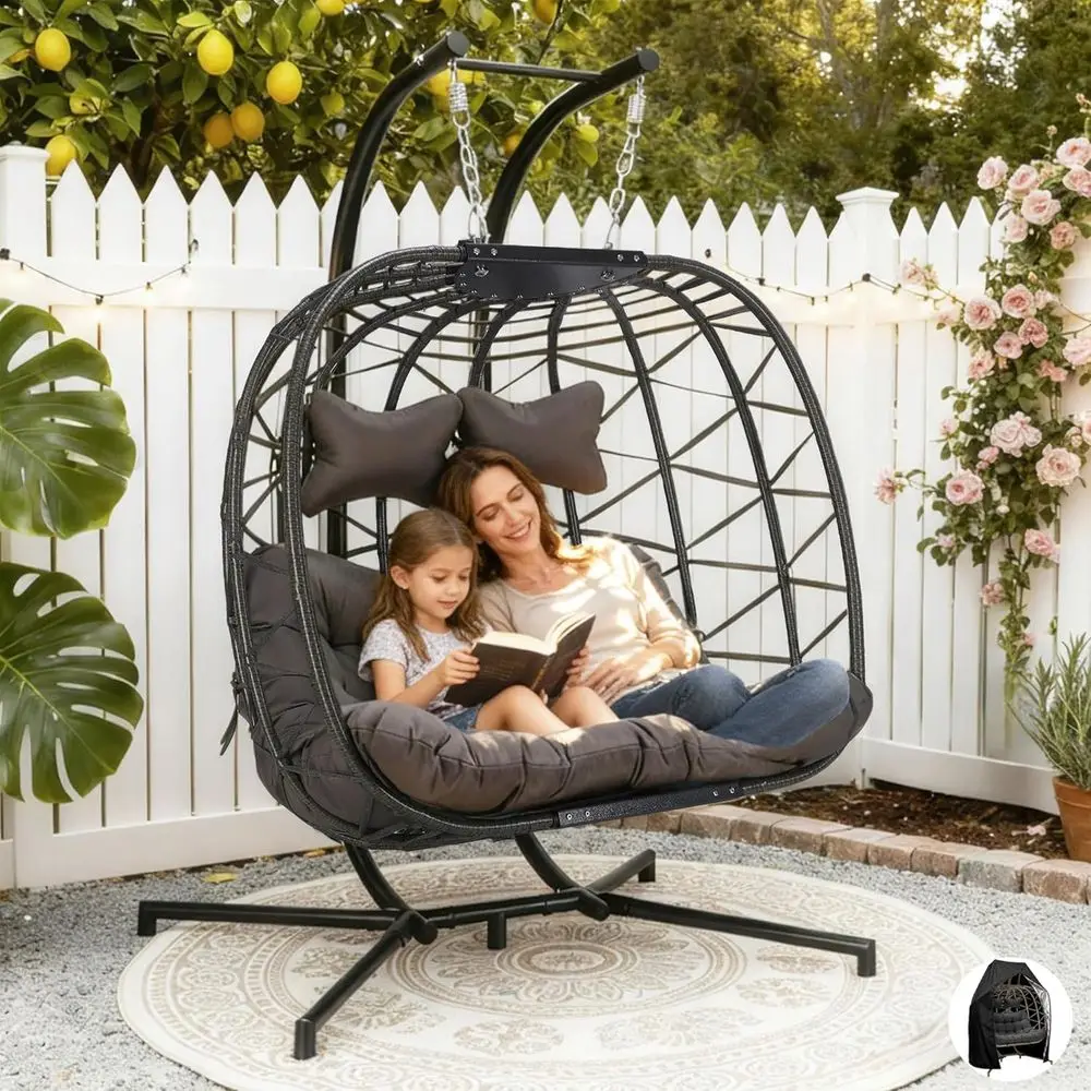 

Double Egg Swing Chair for 2, Outdoor Wicker Loveseat with Cushion and Cover, 700lbs Capacity, Gray