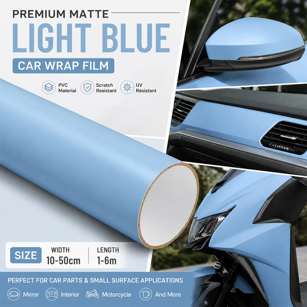 Matte Light Blue Car Vinyl Wrap Roll Film DIY Motorcycle Body Styling Decals Auto Interior Console Modification Film Air Release