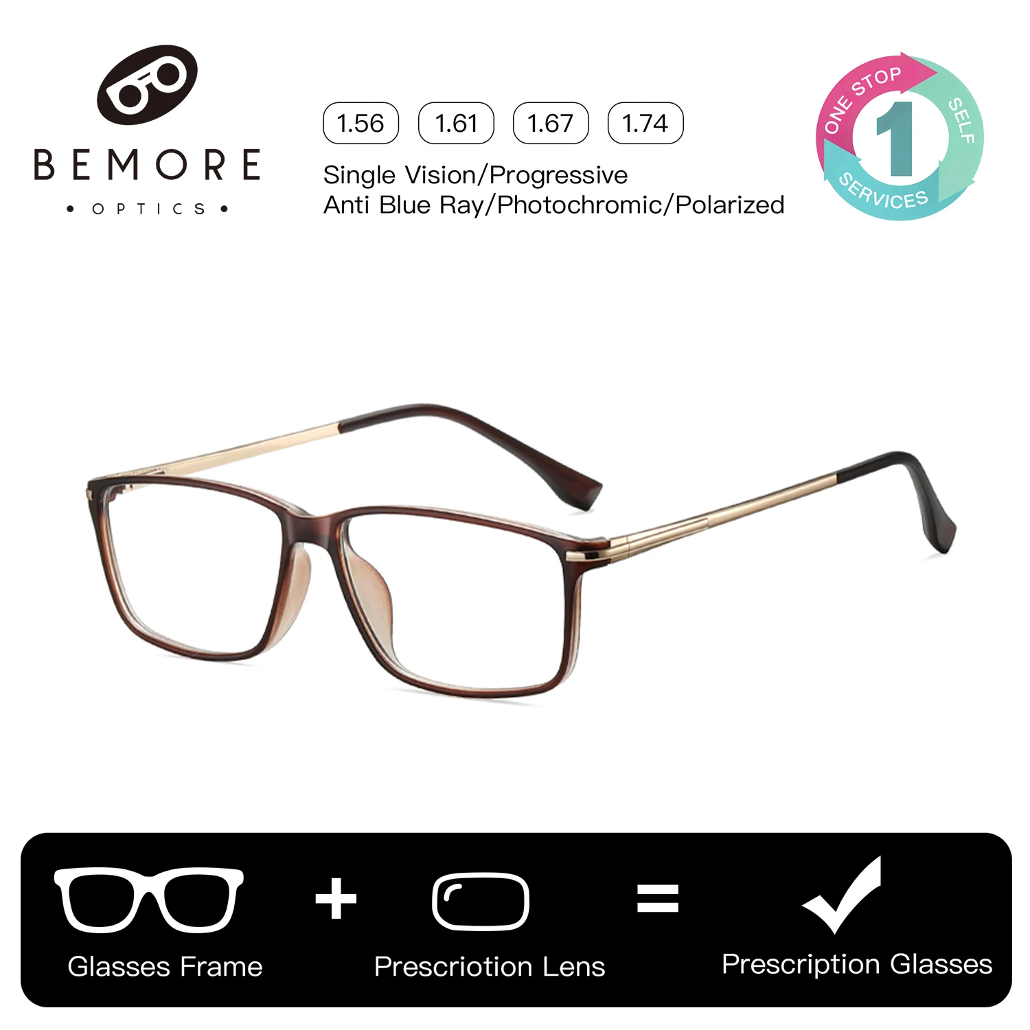 

BEMORE Acetate Prescription Eyeglasses Men Rectangle Anti Blue Light Anti Reflective Photochromic Optical Varifocal Glasses