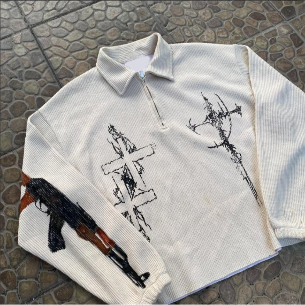 

Ретро воротник-поло с перекрестным принтом на молнии Y2K, пуловер, свитер, новый уличный повседневный свободный топ, женский уникальный нишевый стиль