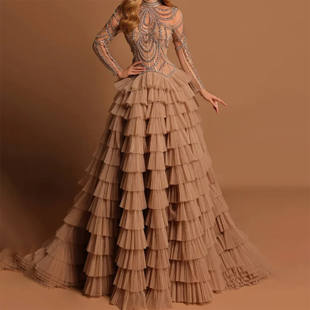 

Изысканные бусины с длинными рукавами, тюлевые многоярусные трапециевидные вечерние платья, платья для дня рождения, выпускного вечера по индивидуальному заказу