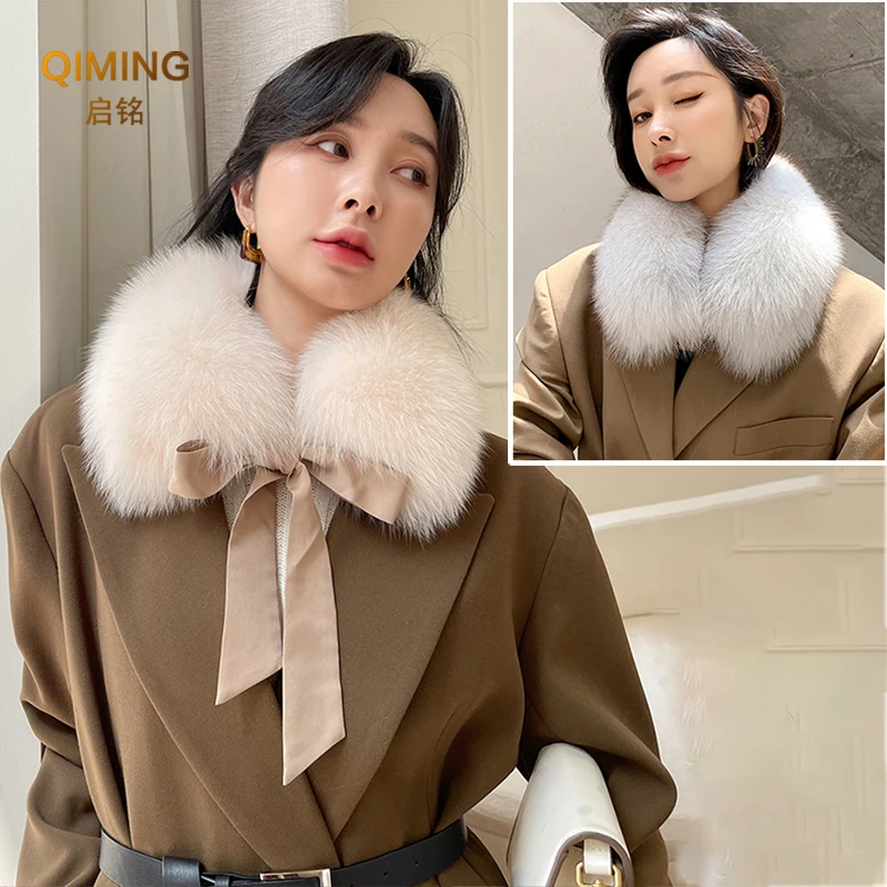 Fox Fur Collar Ladies Winter Ribbon Real Fox Fur Scarf Women Scarf Luxury Designer Scarf Ring Coat Fluffy Warmth Furry Shawl