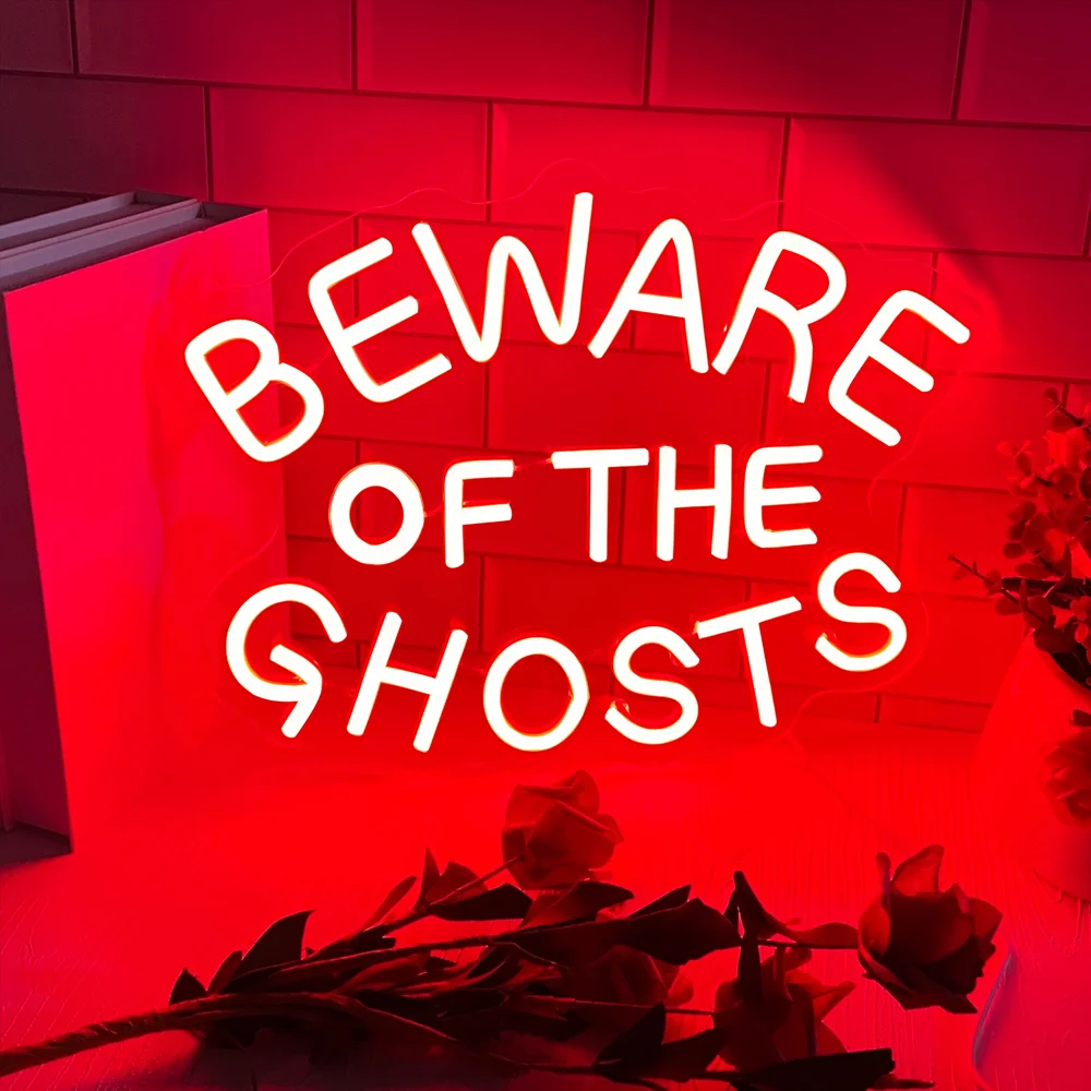 Beware of Ghosts" Neon Sign - Gothic Home & Yard Decor, Spooky USB-Powered Wall Light for Bedroom, Party & Holiday Ambiance