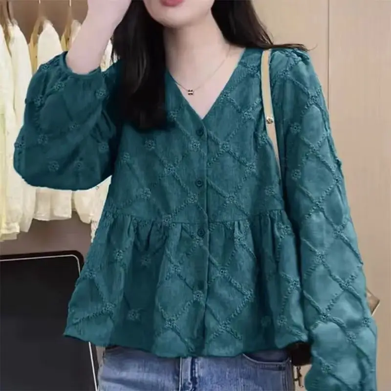 Vintage Elegant Blouses Fashion Loose Casual Sweet Temperament Buttons V-neck Long Sleeve Buttons Autumn Thin Women\'s Clothing