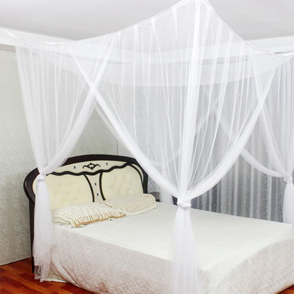 Mosquito Net  Cotton  Four-Door Sexy Square Canopy - King/Queen Double Bed Size, Elegant White Palace Netting Prevent Insect Net