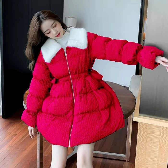 Winter Fashion Medium Long Quilted Puff Cotton Clothes Sweet Faux Fur Collar Waist Strap Bubble Hem Warm Jacket Cute Daily Coat