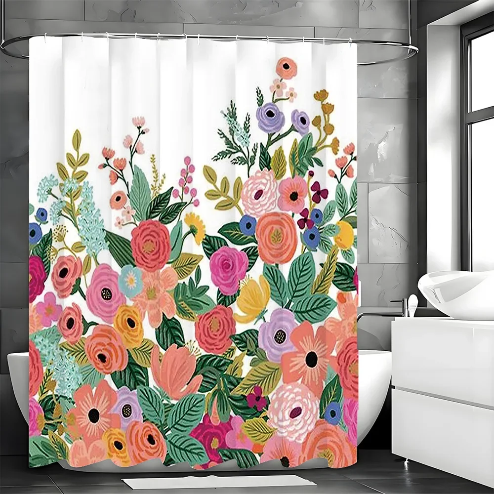 カラフルな花のシャワーカーテン-洗える-汚れに強い-シャワーヘッド-防水-ポリエステル-バスカーテン