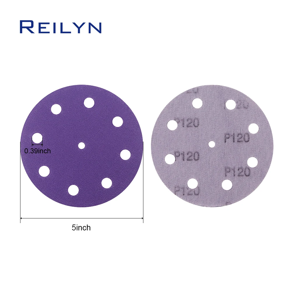 عجلة صنفرة أرجوانية ، ورق رمل يتدفقون ، وسادة طحن ذاتية اللصق ، أداة خشب السيارة ، تلميع 5 بوصة ، 9 فتحات ، من من من من من ومن ومن ومن ومن ومن