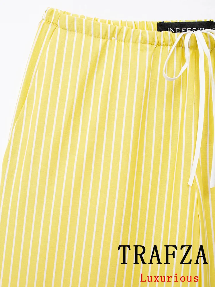 TRAFZA Vintage Casual Chic Women Suit Striped Single Breasted Long Sleeve Shirt Loose Long Pants Fashion 2024 Summer Sets