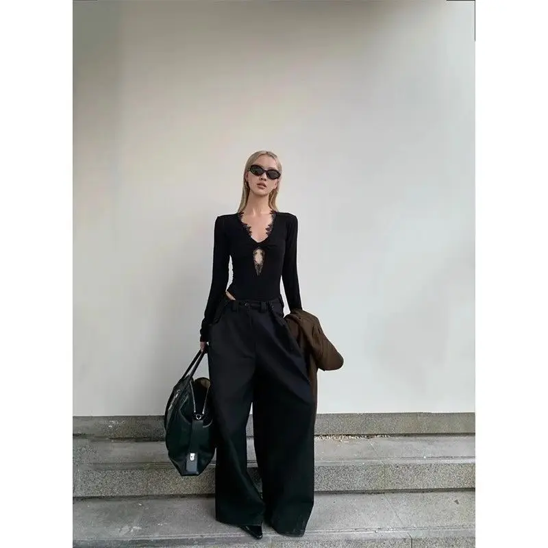 

Sexy Bla V-Ne Long Sve Onesie Women's Spring Design Slimming Inner Wear Top Faionable Trendy Polyester Fabric T-irt