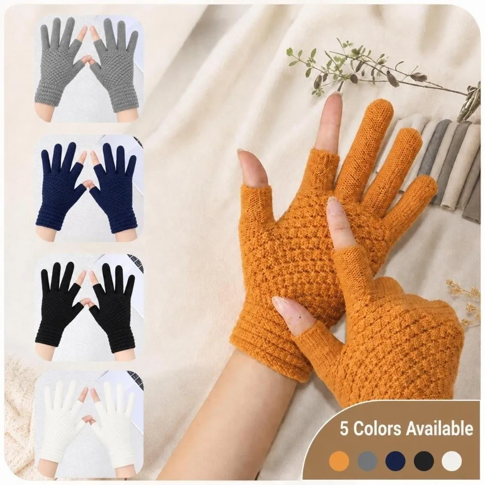 New Warm Winter Knitted Gloves Elastic Windproof Touch Screen Gloves Thickened Two-Finger Cycling Gloves Men