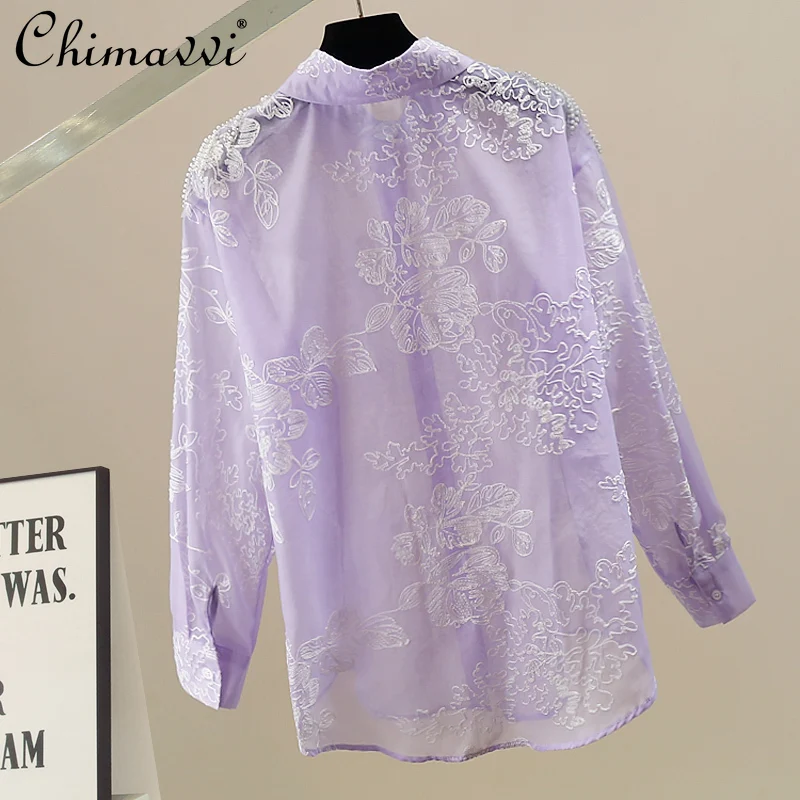 Fashion Heavy Beaded Embroidery Decorative Lapel Long Sleeve Shirt 2025 Autumn New Sweet Girl Loose Temperament Versatile Top
