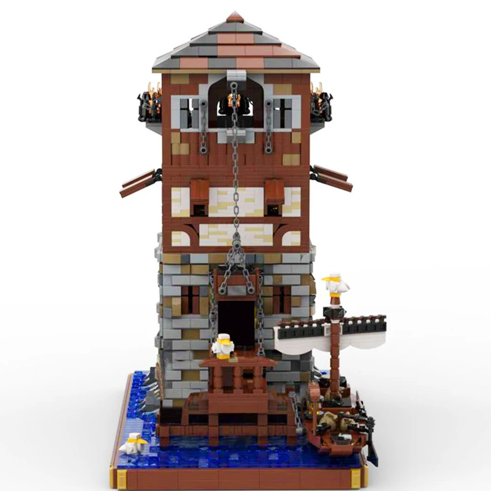 Gobricks MOC Retro w stylu średniowiecznym latarnia morska architektura z widokiem na ulicę zestaw klocków średniowieczne świątynie klocki prezent dla dzieci