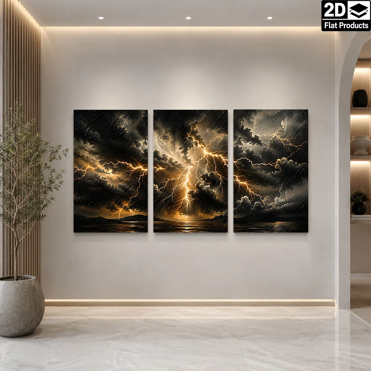 Frameless canvas 2D Flat 3PCS - Three panels show storm clouds with lightning over a dark sea at night Themed Canvas Wall Art