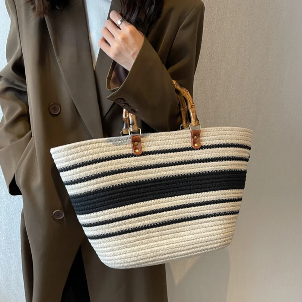 Women\'s Woven Tote Bamboo Handle Shopping Tote Bag Large Capacity Striped Handbag Casual Fashion Exquisite Clutch Beach Bag 2023