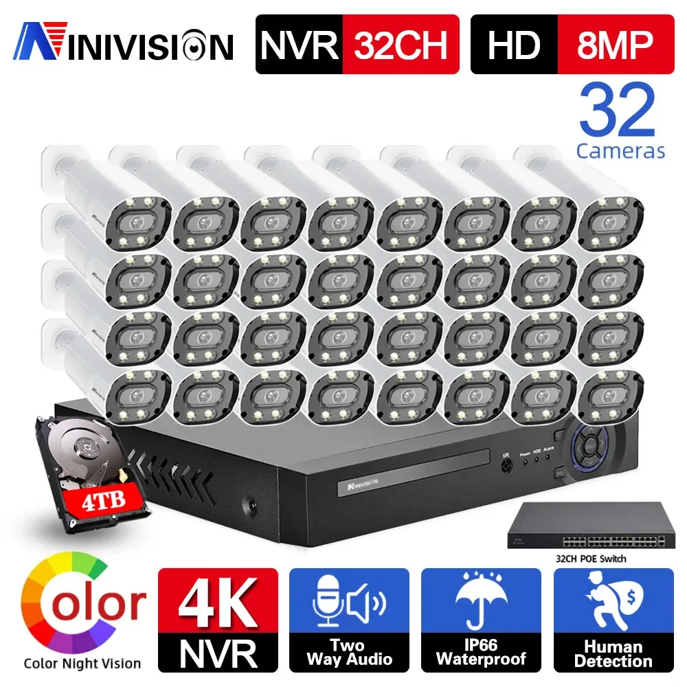 

32CH POE IP Camera NVR Kit 4K 8MP CCTV System Metal 2 Way Audio Color Night Vision Security Surveillance Camera System Kit XMEYE