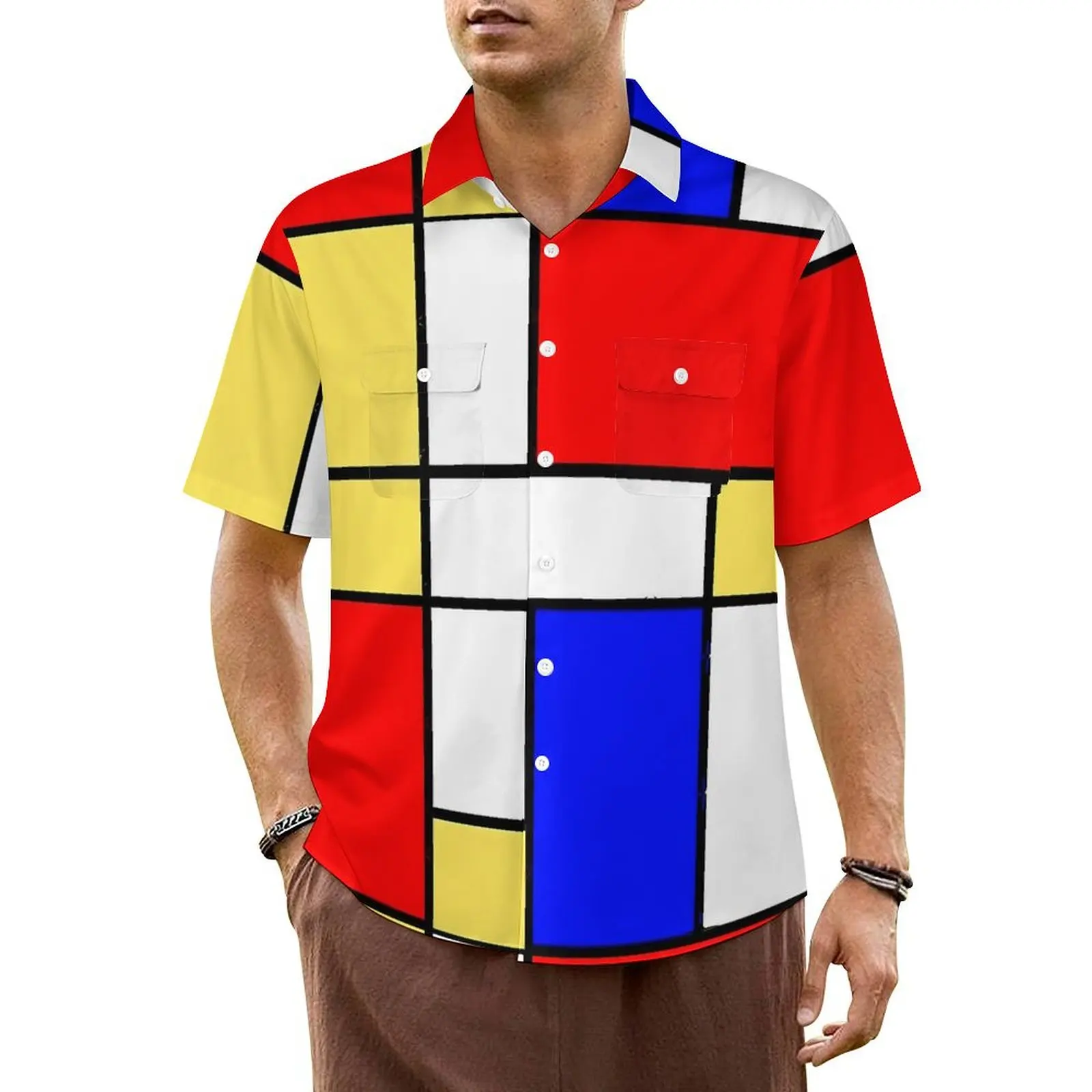 

De Stijl Casual Shirt Mod 60s Mondrian Style Cool Summer Shirts Men Short Sleeve Vacation Y2K Street Custom Oversized Blouses