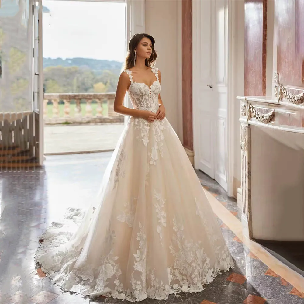 

Customized Exquisite Button Wedding Dresses V-neck For Women Charming Sleeveless Lace Applique Bridal Gown Vestidos De Novia