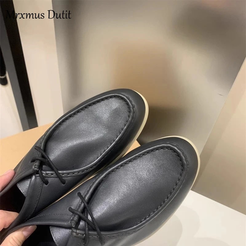 Mrxmus Dutit 2023 Autumn Fashion Men New Genuine Leather Flat Commute Style Shoes Lacing Solid Color Casual Simple Male Chic