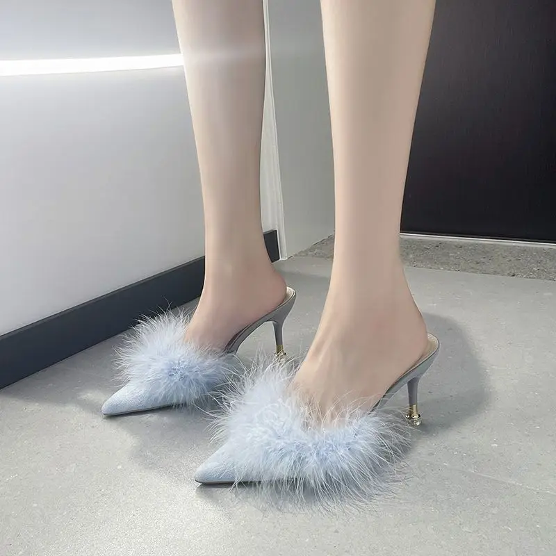 Sandals Rubber Shoes for Women 2024 Heeled Slides Off White Mules Woman Slippers Fluffy Summer Fuzzy Furry Luxury Footwear F Vip