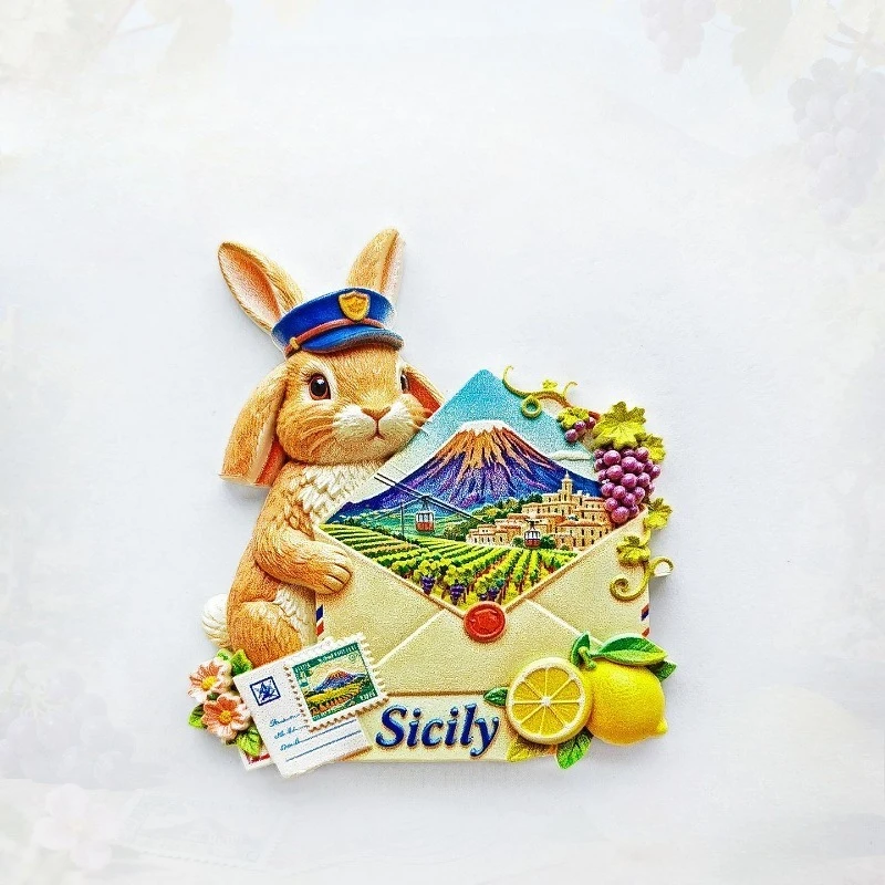 Sicily Postman Rabbit Fridge Magnet - Whimsical 3D Italian Souvenir Unique Mediterranean Gift for Travel & Wine Lovers Decor