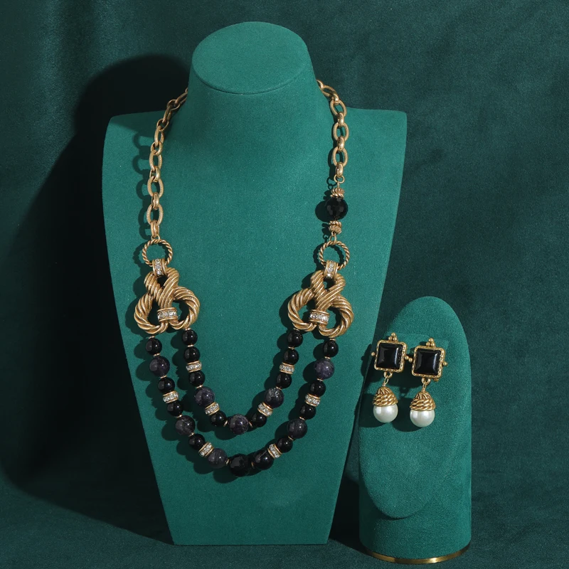 Vintage Knot Black Gold Double Layer Jewelry Sets Luxury Natural Stone Women Necklace Earrings High Quality Classic Trendy Gift