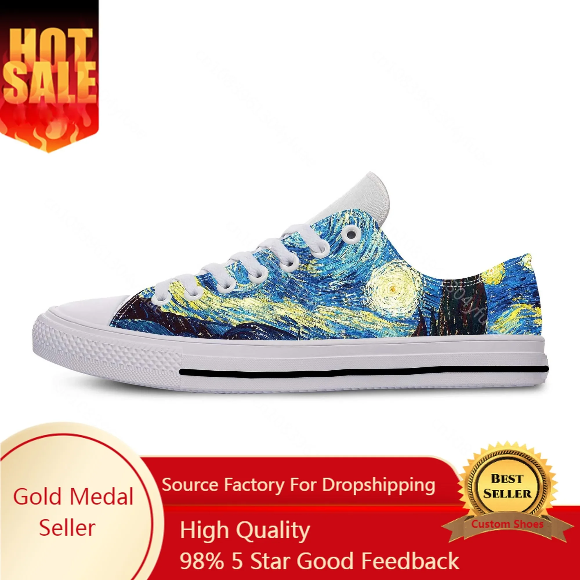 Vincent Van Gogh Starry Night Oil Painting Fashion Casual Cloth Shoes Low Top Comfortable Breathable 3D Print Men Women Sneakers